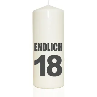 WB wohn trends Spruchkerze, ENDLICH 18, grau, 20cm, 765g d8cm, Kerze mit Spruch, Brenndauer ca 70 Std