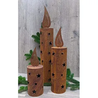 3er Set Windlicht Kerze 35 + 50 + 70 cm aus Metall Edelrost Rost Weihnachten Deko Weihnachtsbaum