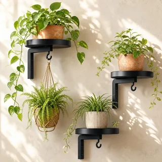 VeftBltrem 3 Stück Pflanzenhalter Wand, Wandhalterung Blumentopf mit Haken, 11,3 kg Tragkraft, Wandregal Pflanzenständer Metall Schwarz für Balkon Wohnzimmer Flur Terrasse