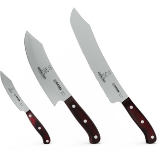 Giesser seit 1776 - Made in Germany - PremiumCut, Rocking Chef, Messerset 3 teilig, Kochmesser 20 cm, Brotmesser 25 cm, Officemesser 10 cm, Micarta, rot, rostfrei, Grillmesserset