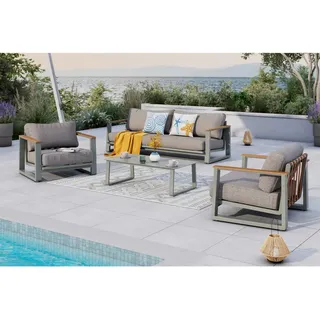 Ambia Garden Loungegarnitur, Braun, Natur, Beige, Metall, Kunststoff, Textil, 4-teilig, Füllung: Polyester,Schaumstoff, eckig, 209.5x65x82.5 cm, Loungemöbel, Gartenlounge-Sets