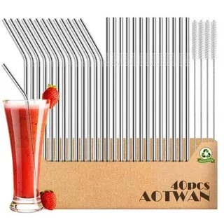 AOTWAN Edelstahl Trinkhalme - Metall Strohhalme Wiederverwendbar, 40 Stück Enthalten: 18 Gerade + 18 Gebogen + 4 Reinigungsbürsten für Cocktails,