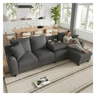 Merax Ecksofa L-Form Ecksofa 4 Sitzer, Chenille Sofa Mit Chaiselongue, 1 Teile, Klappbare Rückenlehne, Getränkehalter, Bettkasten, Stauraum, Couch grau