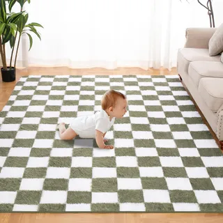 Super Weicher Teppich Schlafzimmer 152x213cm Grün und Weiß Teppich Klassisch Kariert Shaggy rutschfest Hochflor Weich Flauschig Teppich für Wohnzimmer Schlafzimmer Kinderzimmer Babyzimmer