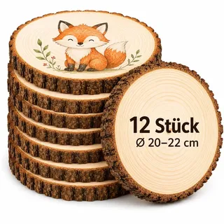 Holzscheiben 20-22 cm, 12 Stück Baumscheiben 20cm, Naturkiefer ohne Loch, 20mm dick, ungeschliffen, große Holzscheiben zum Basteln, DIY Deko Hoch...