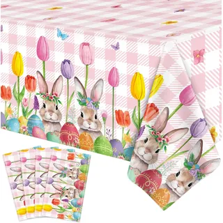 4 Stück Einweg Ostern Tischdecke Frühling Rosa Tulpen Osterhase Rechteckig Tischdecke Wasserdicht Ostereier Partei Tischdecke für Kinder Picknick Osterdekoration Dekorationen 130 x 220 cm