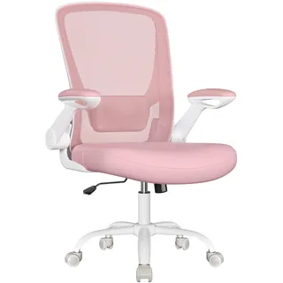 Songmics Bürostuhl ergonomisch, Drehstuhl mit Mesh, Lendenstütze, Wippfunktion, 53 cm große Sitzfläche, klappbare Armlehnen, Arbeits- und Schlafzimmer, Studenten, pastellrosa OBN037R01
