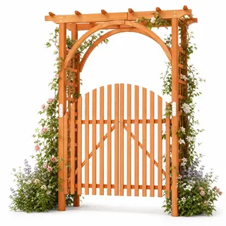 COSTWAY Rosenbogen mit Tür, Gartenbogen Holz, Torbogen Garten