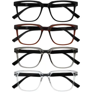 OPULIZE LEO Lesebrille - 4er-Pack - Großes Rechteckiges Gestell - Schwarz, Braun, Grau, Klar - Herren Damen - Federscharniere - RRRR55-127C - +3.00