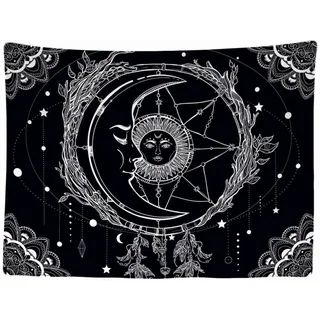 Ulticool - Wandteppich Dekoration - 200 x 150 cm groß - Sonne Mond Mandala Schwarz Weiß Tarot - Wandtuch Wandbehänge - Accessoires für Schlafzimmer Wohnzimmer Kinderzimmer - Halloween Deko Gothic
