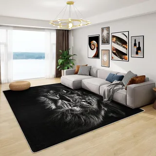 Teppich Wohnzimmer Löwe - Teppich Wohnzimmer Schlafzimmer Schwarz Weiß Löwenkopf, Kleiner Teppich Löwen Motiv, Weich Kurzflor & Waschbar & rutschfest Fussmatte Innen, Kinderteppich 60x90 cm