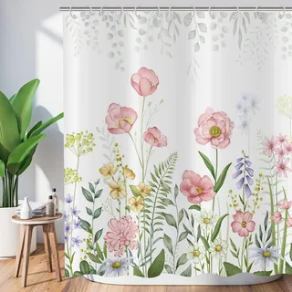ASDCXZ Blumen Duschvorhang 180x200 cm, Frühling Handgemalt Rose Gelb Lila Bunt Blumen Grün Blätter Weiß Bad Waschbar Duschvorhänge Polyester Textil Wasserdicht Badevorhang für Badewanne mit 12 Haken