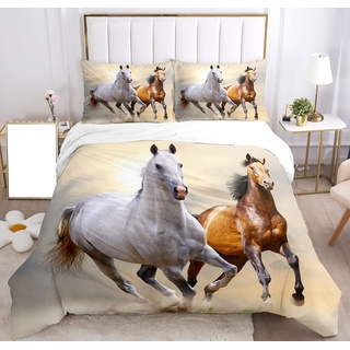 Bettwäsche-Set für Pferde 3D-Druck, Bettwäsche-Set,Tier Pferde Motiv Mikrofaser Bettbezug Set mit Reißverschluss und Kissenbezug*2,für Kinder, Jungen, Jugendlich. (Zwei Pferde, 135x200cm)