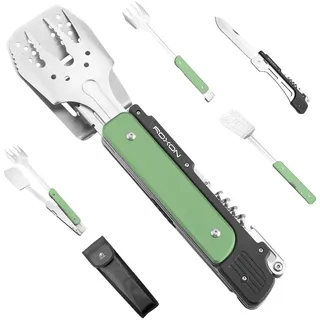 ROXON S601 14-Zoll 6-in-1 MBT3 Faltbares Grillbesteck Set (Grün) | Gabel, Pfannenwender, Grillmesser, Zange, Öffner – für Grillpartys im Garten und Camping (Grün)