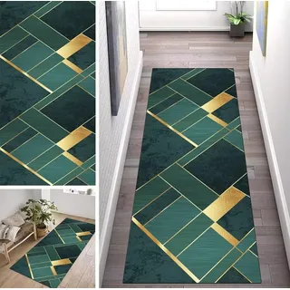 ZUZEKU Abstrakte Läufer Flur Küche Waschbar rutschfest 100X300cm Grün und Gold Lang Küchenteppich Flurteppich Teppich Fur Korridor Wohnzimmer Schlafzimmer Meterware Anpassbar