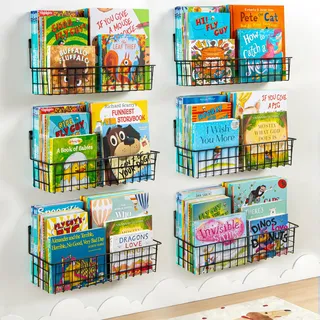 PUERSI 6er-Set Bücherregal Kinder Wand, Metall Wandregal Bücher, Hängend Regal für Kinderzimmer Aufbewahrung von Bilderbüchern für Baby, Mädchen und Jungen, Schwarz