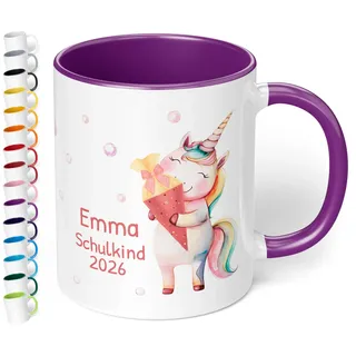 Geschenk zum Schulanfang für Mädchen: Tasse „Schulkind 2026“ - Motiv: EINHORN Schultüte - personalisiert mit Namen - Einschulung Schulanfänger 1. Klasse, Keramik, ca. 330ml, Violett