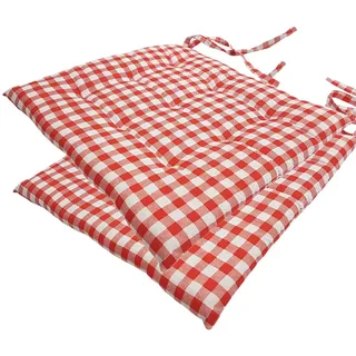 NYVI Stuhlkissen 40x40 cm ComfySeat Rot Weiß kariert 2er Set - Sitzkissen mit Bändern/Schleife, 9-fache Steppung - Indoor & Outdoor - Gartenstuhlkissen aus Baumwoll-Mischgewebe - ÖkoTex 100