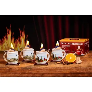 Feuerzangentasse Bowle-Set Feuerzangentasse 4er-Set (Feuerzangenbowle Set, 9-tlg., 4x Feuerzangentasse, 4x Korkuntersetzer, 1x Rezeptheftchen), hitzebeständige Keramik, Edelstahl-Feuerzange weiß