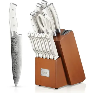 D.Perlla Messerblock, 14-TLG Selbstschärfender Messerblock mit Messer, Scharf Edelstahl Messerset Set mit Kunststoff-Griff und Holzblock, Profi Küchenmesserset, Braun