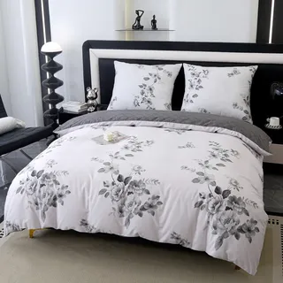 Satinbettwäsche 160x200cm Blumen Grafit Schwarz Weiß