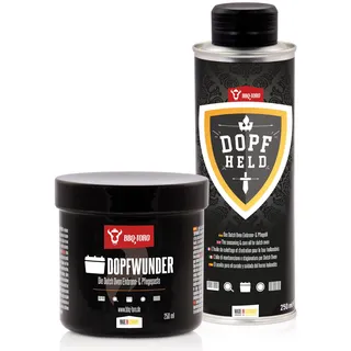 BBQ-Toro Dutch Oven Pflege Set mit DOPFWUNDER Pflegepaste 250 ml und DOPFHELD Pflegeöl 250 ml | Pflege von Gusseisen Grillzubehör | Einbrennpaste auch für Grillrost, Grillplatte, Grillpfanne und mehr