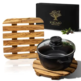 SOLTAKO Premium Topfuntersetzer aus Olivenholz - 2er Set | Massive Holz Untersetzer für Töpfe & Pfannen - handgefertigt aus Olivenholz, hitzebeständig & langlebig
