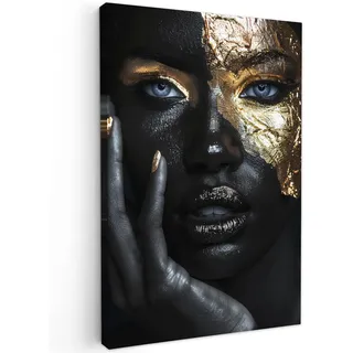 MuchoWow© Bilder Wohnzimmer Deko Modern Wandbild Foto auf Leinwand Bild | 60x90 cm - Schlafzimmer über Bett Room Decor Geschenke Frau - Gold - Porträt - Schwarz-Weiß - Luxus