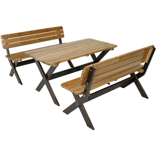 Gartengarnitur HWC-J83, Tisch + 2x Bank Sitzgruppe, Massiv-Holz FSC-zertifiziert ~ braun, Kiefer dunkelbraun