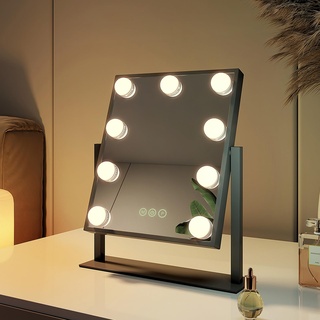 EMKE Hollywood Spiegel Schminkspiegel mit Beleuchtung, 360° Grad Spiegel für schminktisch mit 3 Lichtfarben dimmbar, Speicherfunktion, 9 LED Lampen schminktisch Spiegel 25x30 cm (Schwarz)