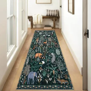 Siunwdiy Vintage Wald mit Tieren Küchenläufer rutschfest Waschbar, Weicher Kurzflor Teppich 60×120 cm,Grün Maschinenwaschbar Schmutzfangmatte,Bettvorleger für Küche,Bad,Schlafzimmer,Vorzimmer,Wohnung