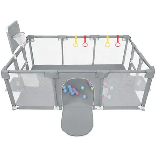 JEOBEST Laufstall Baby Laufgitter - Große Sicherheitsspielplatz, 180x120x66cm - mit Basketball-Netz 50 Ozeanbälle und 4 bunten Ringen grau