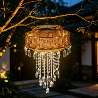 USJOK Solar Kronleuchter Außen Hängend Rattan 42cm Boho Gartenleuchte | Kristall-Anhängern Vintage Pendelleuchte Wasserdicht für Balkon, Terrasse & Pergola