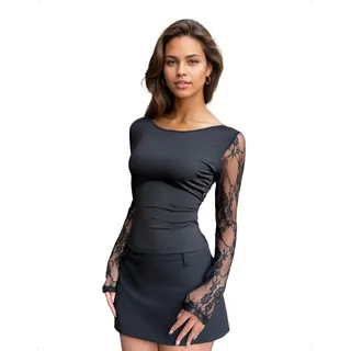 EMOTTOS Damen Y2K Crop Tops, Sexy Halbtransparentes Spitzen Mesh Oberteil Langärmelig Slim Fit Durchsichtiger Rücken Rundhalsausschnitt Patchwork Elastisches T-Shirt Festival Top Shirt Schwarz, S/M/L - L