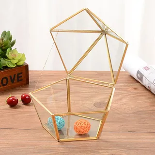 Terrarium-schmuckkästchen - Geometrische Fünfeckige Box Aus Glas Und Kupfer Für Eheringe, Tropische Pflanzen, Innendekoration (17x16x16cm)