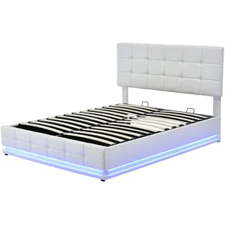 Merax Polsterbett 140x200 cm mit LED Beleuchtung, aus Kunstleder Doppelbett Erwachsenen Jugendbett Weiß