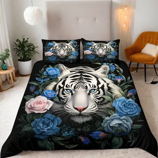 Generisch Tiger Bettwäsche 135X200 cm Kinder Junge Mädchen 3D Effekt Bettbezug Jugendliche Bettwäsche-Set Mikrofaser Bettbezug Mit Reißverschluss Und 2 Kissenbezug 80X80Cm