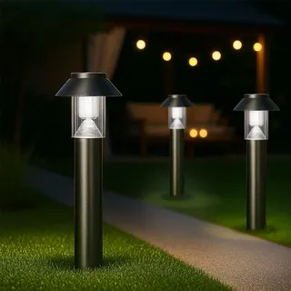 MeLiTec Solar-Gartenleuchte SO06-1, 3er-Set, LED-Solar-Gartenlampe rund, Edelstahl matt gebürstet, Outdoor Solarlampe stehend, 8h Leuchtdauer, 31 cm