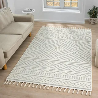 VIMODA Teppich Boho Wohnzimmer, Schlafzimmer, Fransen Skandinavisch, Waschbarer Teppich 3D, Farbe:Creme, Maße:200x290 cm