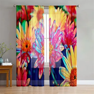 Surwin Vorhänge Wohnzimmer, Schöne Blumen Scheibengardinen, Gardinen mit ösen, 2er Set Vorhänge, Modern Transparent Tüll Gardine Wohnzimmer für Küche Fenster Wohnzimmer (Bunt,W107xH160cm)