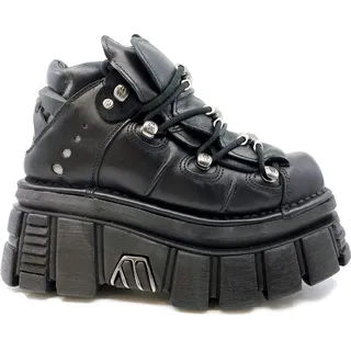 New Rock M.106-C45 Unisex Stiefel aus Schwarzem Echtleder METALLIC, Absatz 8 cm, Plateau 6 cm, Gothic Punk Rock Stil mit Schnürung und Metall-Details, PU Ultra Robuste Sohle 38 - 38 EU