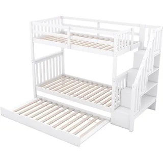 Etagenbett(90*200cm)Treppenregal,ausgestattet mit ausziehbares Rollbett, hohe Geländer, EN747-1 - Weiß