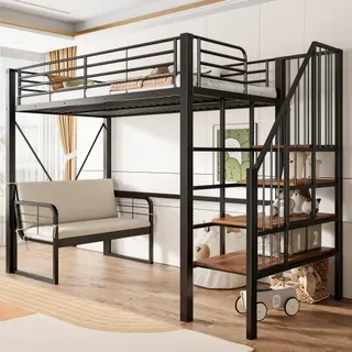 Etagenbett  Mit Stabilem Metallrahmen, Hochbett Mit Abnehmbarem Polstersofa, Stauraum Und Sicherheitstreppe. Geeignet Für Kinder, Jugendliche Und Erwachsene