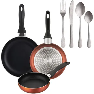 BERGNER - Set aus 3 Pfannen Ø16/20/24cm aus gepresstem Aluminium in metallic-copper mit 16-teiliges Besteckset aus Edelstahl
