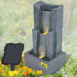 Solar Gartenbrunnen Brunnen Solarbrunnen 3-Stufige Stein-Kaskade mit LED-Licht, Zierbrunnen Wasserfall Wasserspiel lichtgrau Gartenleuchte Teichpumpe für Terrasse, Balkon