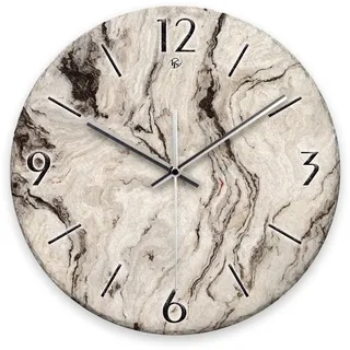 Kreative Feder Wanduhr „Marmor-Optik“ aus Stein (Keramik) in Schiefer-Optik; Durchmesser 30cm; mit leisem Uhrwerk (Marmor-Optik, leises Funkuhrwerk)