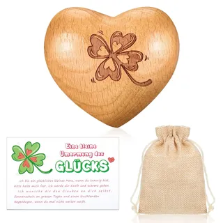Otuuz Holz Herz Handschmeichler Vierblättriges Kleeblatt Glücksbringer | Holz Glücksbringer Geschenk, Für Freunde Familie Liebhaber Paar, Handschmeichler zum Entspannen, Säckchen mit Kordelzug