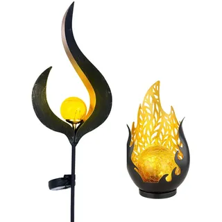 Gartendeko Solarlampen für Außen Outdoor Balkon Deko schwarz gold Flammenoptik Glaskugel, IP44 Akku Metall Dekorstanzungen, 1x LED, 2er Set