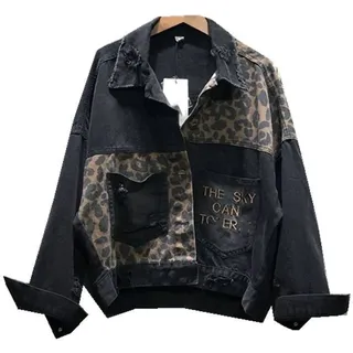 FBYDLL Damen Jeansjacke Mit Stickerei - Leopard Patchwork Cropped Crop Damen Jeans Outwear, Hip Hop Loose Utility Basic Tops Casual Stretch Fit, Waschung Klassisch Mode S - XL