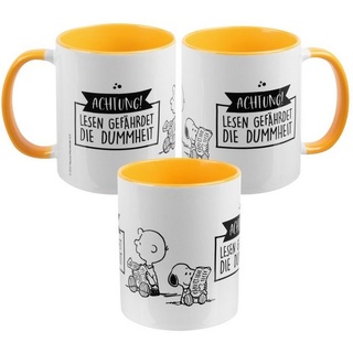 United Labels® Tasse The Peanuts Tasse Snoopy - Lesen Kaffeetasse Gelb Weiß 320 ml, Keramik weiß
